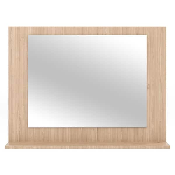 HONEY JOY Natural 24 in. W x 18 in. H Modern Rectangle Wood Framed Wall Mounted Bathroom Vanity Mirror with Shelf