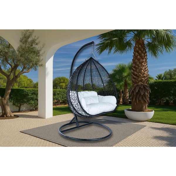 Leisuremod Hanging Metal Porch Swing Chair in Black Stainless Steel Frame with Cushions Recluse Collection in White