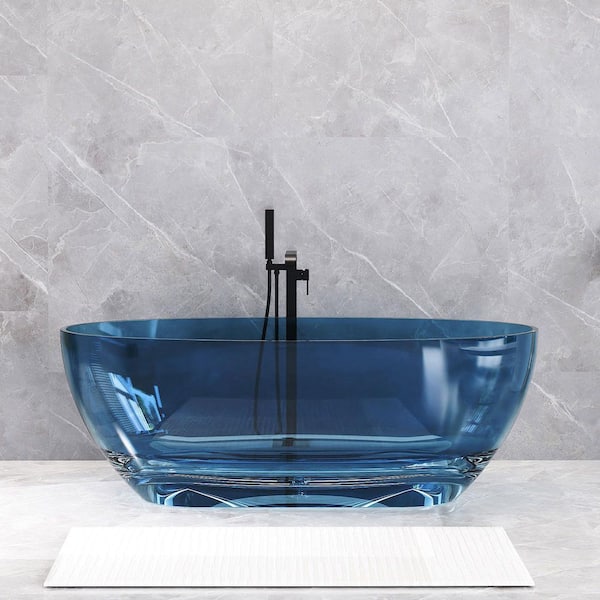 63 in. x 22 in. Soaking Bathtub with Center Pop up Drain in Transparent Blue