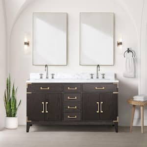 Fossa 60 in W x 22 in D Brown Oak Double Bath Vanity, Carrara Marble Top, and Faucet Set