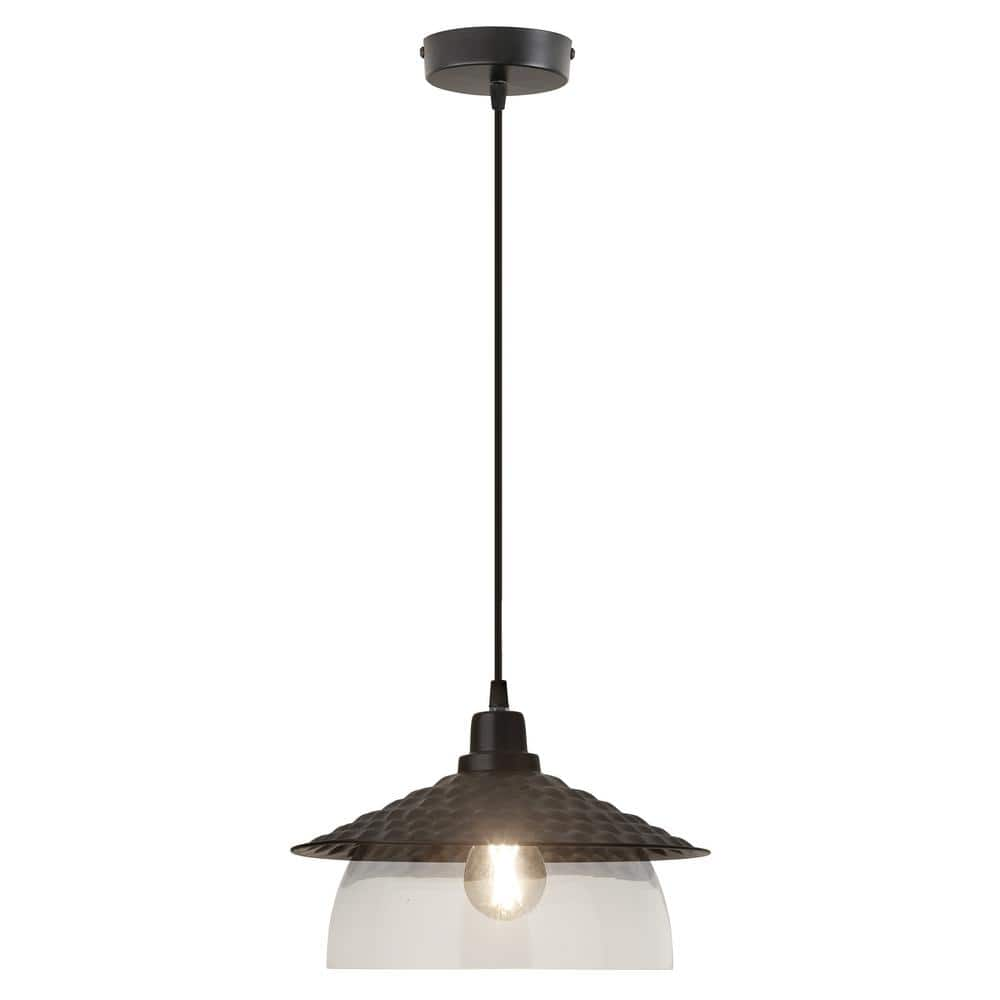 River of Goods Leroy 11.8 in. 1-Light Satin Black and Glass Shaded Pendant Lamp