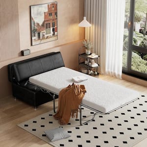 90.09 in. W Black Leather 2-Seater Twin Size Folding Ottoman Sleeper Sofa Bed with Mattress