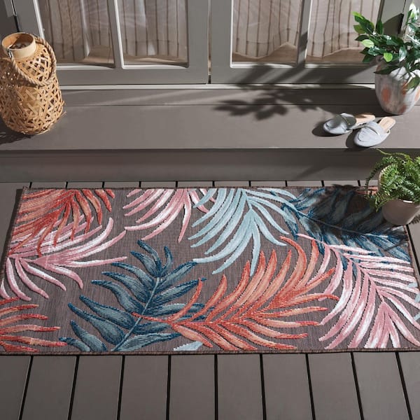 Cabana Brown/Blue 4 ft. x 6 ft. High-Low Abstract Leaf Indoor/Outdoor Area Rug
