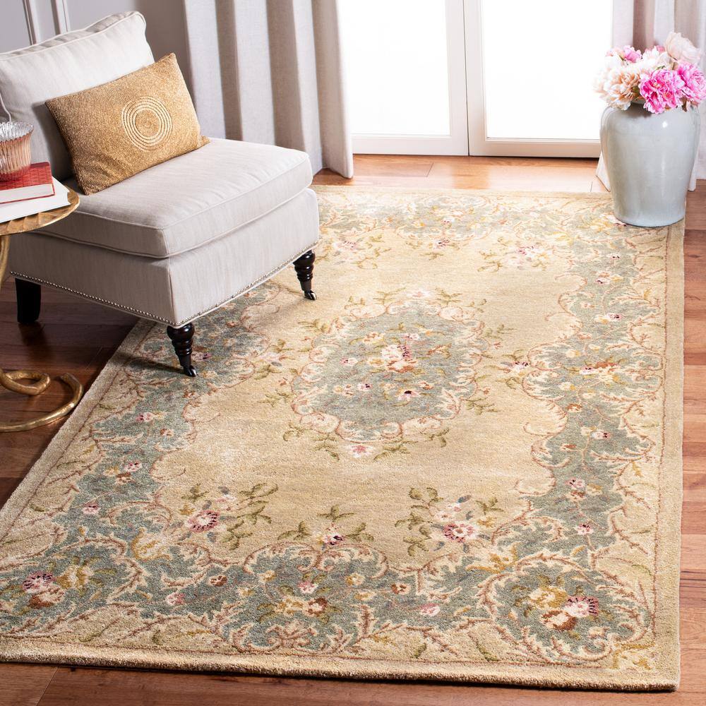 Ivory and Light Blue Hand-Tufted Wool Area Rug, 3' x 5'