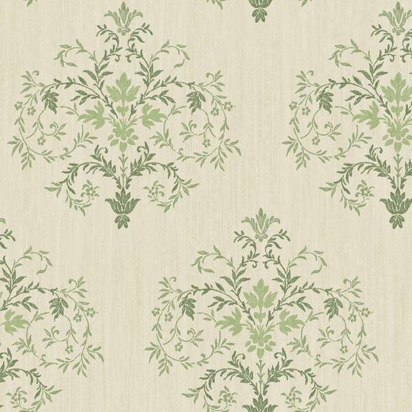 The Wallpaper Company 8 in. x 10 in. Green and Cream Delicate Mid-Scale Damask with Textural Background Wallpaper Sample-DISCONTINUED