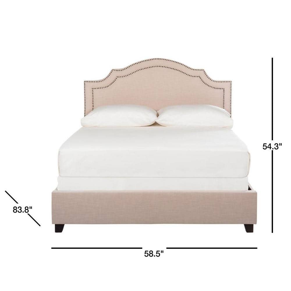 Full Beige Linen Upholstered Platform Bed with Nailhead Trim
