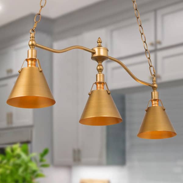 LNC Brushed Vintage Gold Cone Island Chandelier 3-Light Modern Glam Pendant Hanging Ceiling Light with Metal Bell Shades