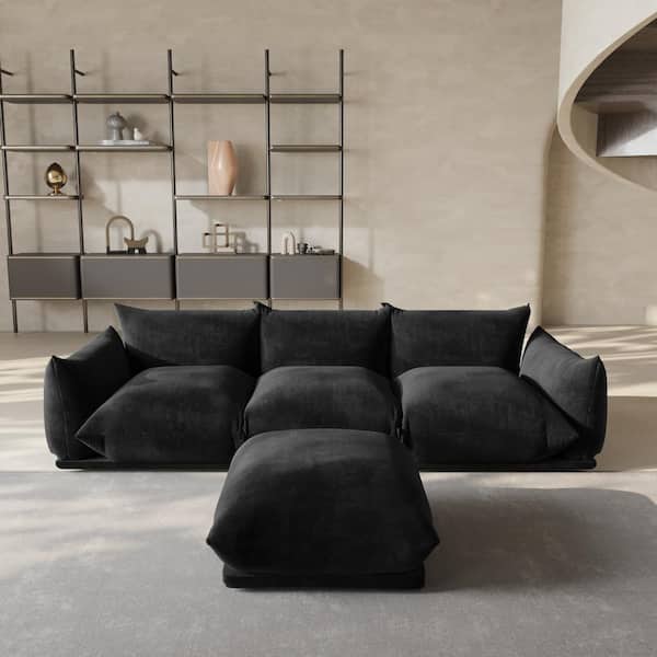 Mid-Century 104 in. Flared Arm Chenille Lawson Modular Sofa 3-Seats Marenco Couch with Ottoman in. Black for Apartment
