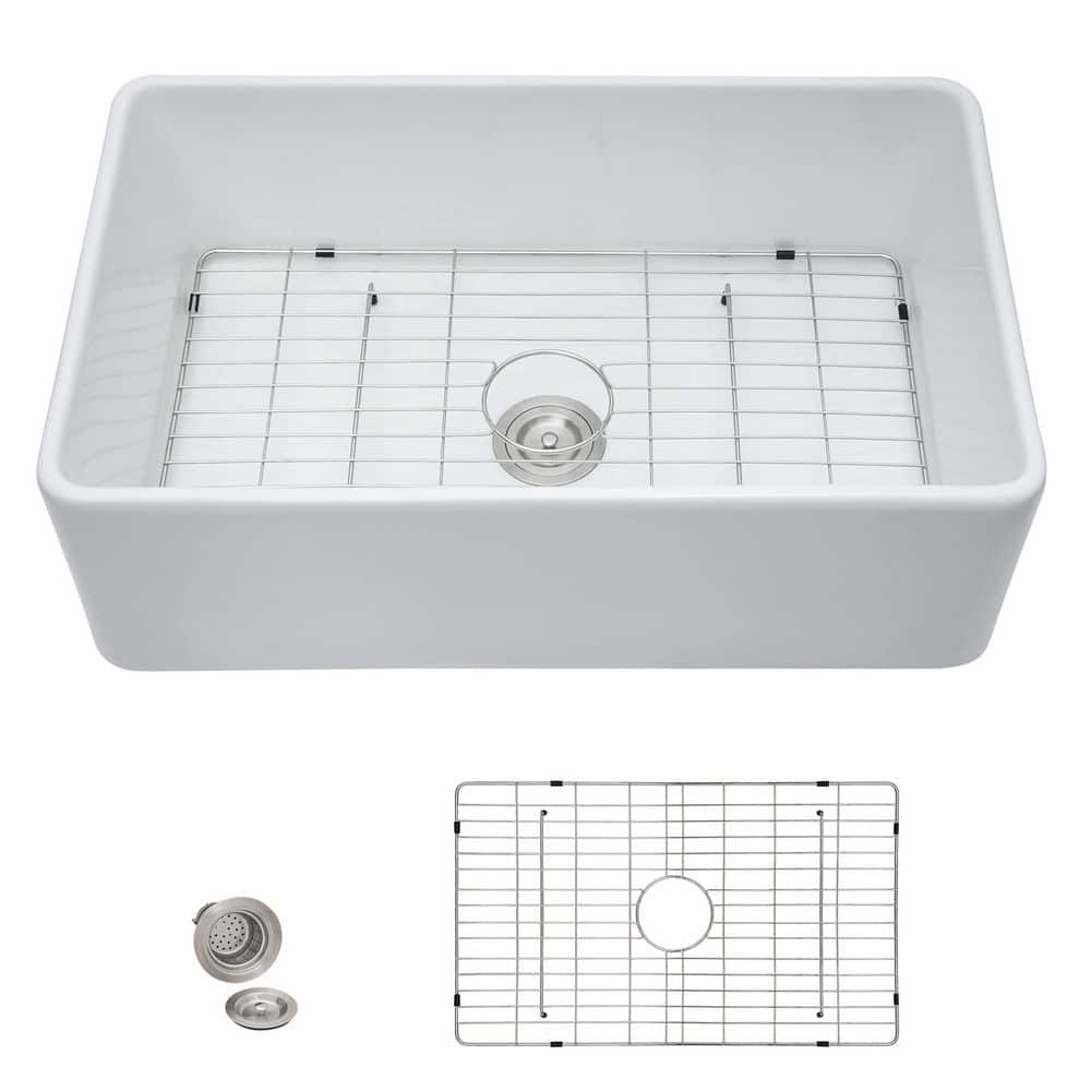 33 in. Reversible Apron Front White Ceramic Farmhouse Sink, Single Bowl Fireclay Kitchen Sink with Grid and Drain price history on PriceWatchPro