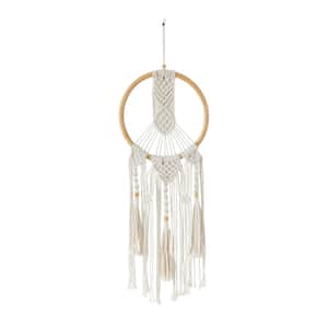 13 in. x  37 in. Cotton Fabric White Handmade Intricately Weaved Macrame Wall Decor with Beaded Fringe Tassels
