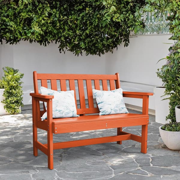 JEAREY Garden Bench All-Weather HDPE 2-Person Plastic Outdoor Bench in Dark Orange
