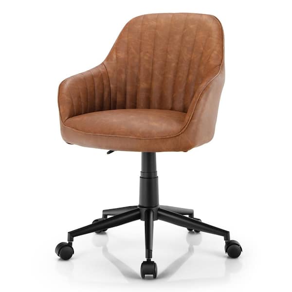 Costway Brown PU Leathaire Home Office Chair Adjustable Swivel Leisure Desk Chair with Arms
