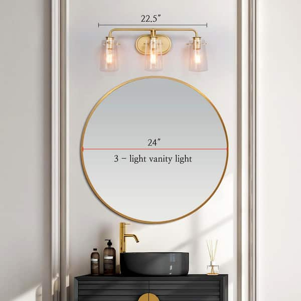 Modern Gold Bathroom Vanity Light Bar, 22.5 in. 3-Light Farmhouse Brass Wall Sconce with Seeded Glass Shades