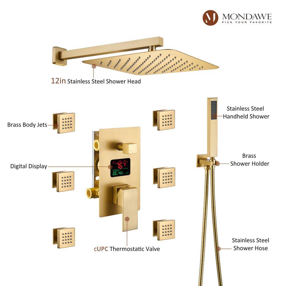 Brushed Gold Wall Mounted Dual Shower System with Digital Display