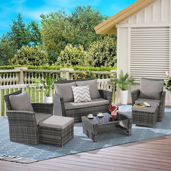 Sudzendf 6-Piece Metal Outdoor Metal All Weather Wicker Rattan Outdoor Sofa Conversation Set with Light Gray Cushion