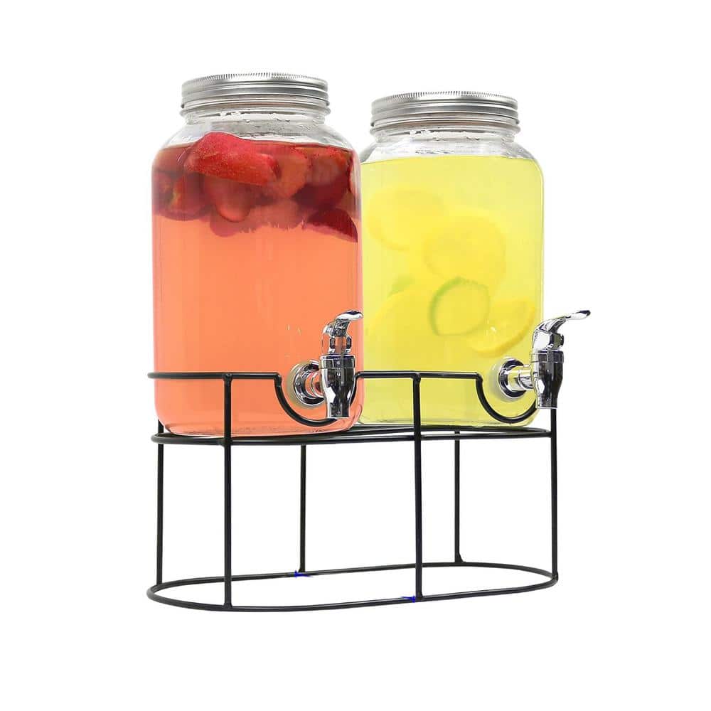 Style Setter Patchwork 2.4 Gallon Beverage Dispenser with Ice Insert, Fruit Infuser, and Galvanized Base - Clear