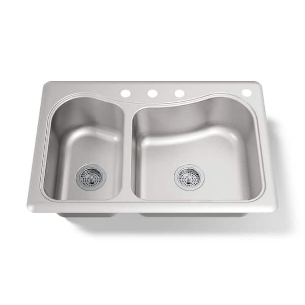 Staccato Drop-In Stainless Steel 33 in. 4-Hole Double Offset Bowl Kitchen Sink with Included Hardwood Cutting Board
