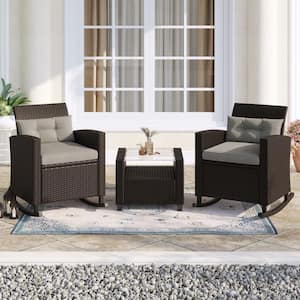 Fatih 3-Piece Outdoor Wicker Rocking Chat Set with Light Brown Cushions