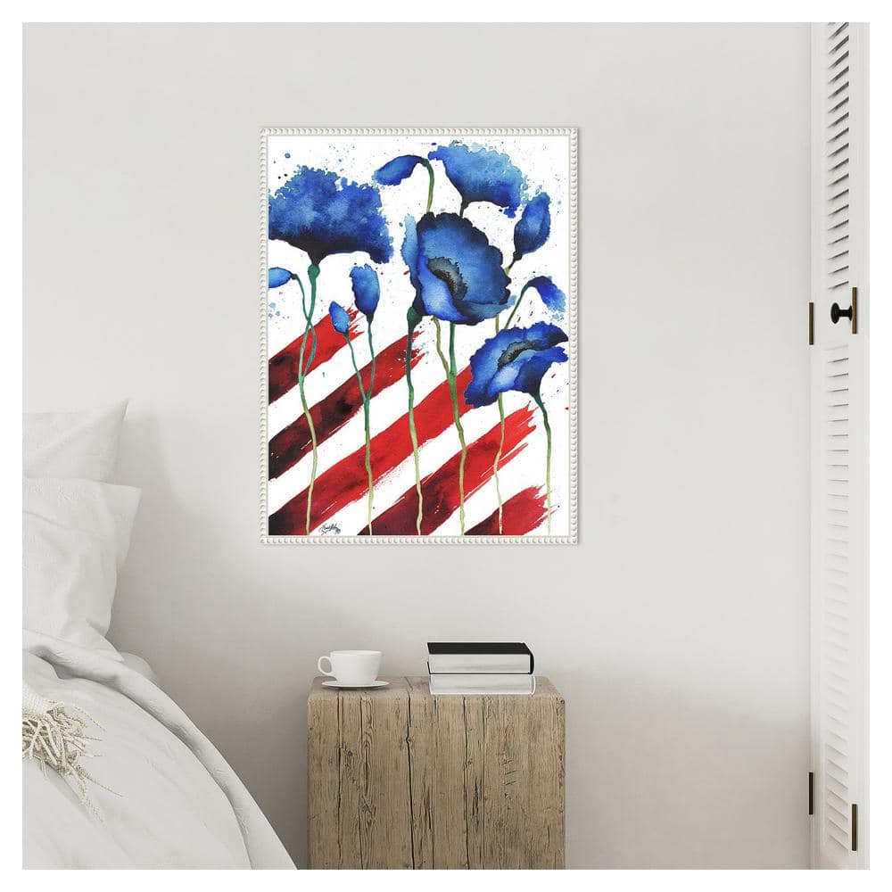 Patriotic Floral II Blue and Red Canvas Wall Art with White Frame
