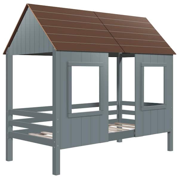 URTR Gray Twin Size Low Loft Bed, Wooden House Bed Frame with Roof and Two Front Windows for Kids, No Spring Box Required