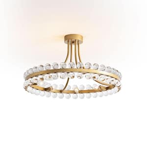 Amber 24 in. Dia 8-Light Brushed Brass Wagon Wheel Crystal Semi- Flush Mount