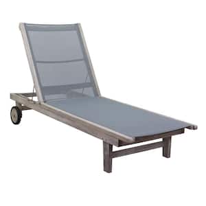 Deck Side Collection Teak Outdoor Recliner Sling Lounge Chair with Grey Cushions