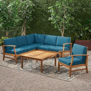 Perla Teak Brown 7-Piece Wood Patio Conversation Sectional Seating Set with Blue Cushions