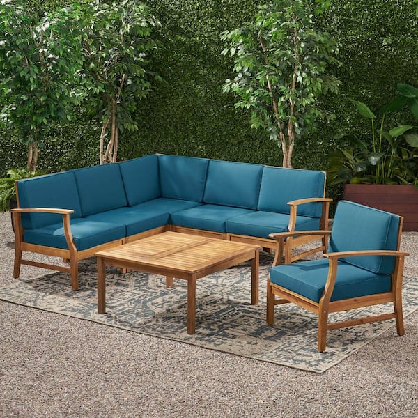 Noble House Perla Teak Brown 7-Piece Wood Patio Conversation Sectional Seating Set with Blue Cushions