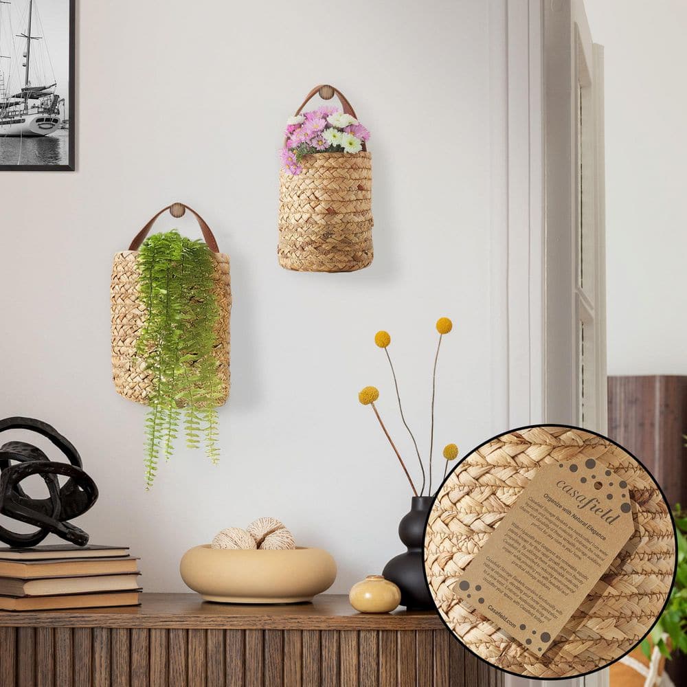 Natural Water Hyacinth Wall Hanging Baskets with Faux Leather Handles