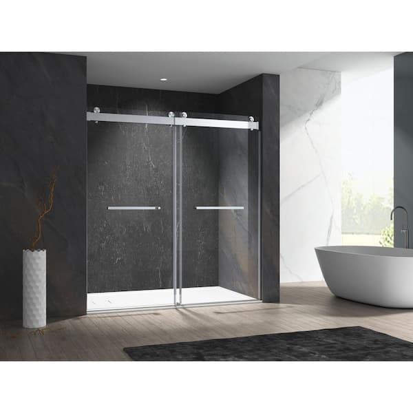 MCOCOD 72 in. W x 76 in. H Double Sliding Frameless Shower Door in Brushed Nickel with Soft-Closing and 3/8 in. (10 mm) Glass