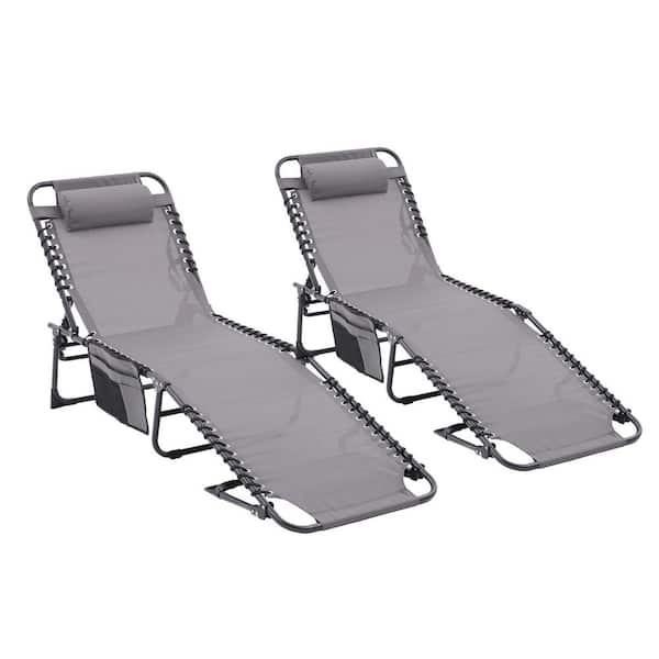 Unbranded 2 Pieces Folding Dark Gray Metal Outdoor Chaise Lounge Adjustable and Reclining Chair with Pillow and Side Pocket