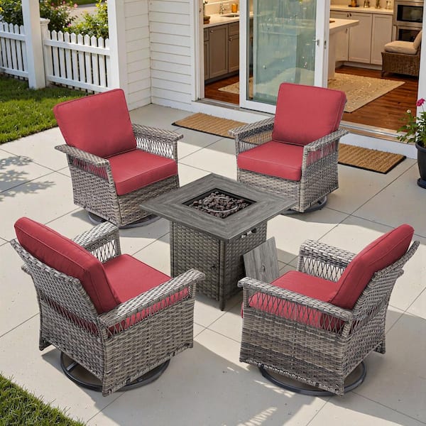 GliderNet Gray 5-Piece Wicker Patio Fire Pit Set, 4-Person Seating Set with Olefin Red Cushions and Swivel Rockers