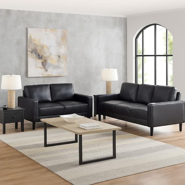 Rumi 2-Piece Black Faux Leather Sofa and Loveseat Living Room Set with Modern Track Arms