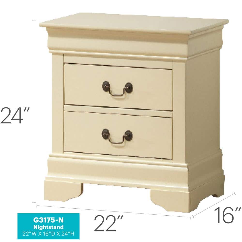 Beige Louis Philippe 2-Drawer Solid Wood Nightstand