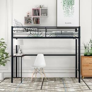 Black Twin Size Metal Loft Bed with Desk, Loft Bed with Full-Length Guardrail, No Box Spring Needed