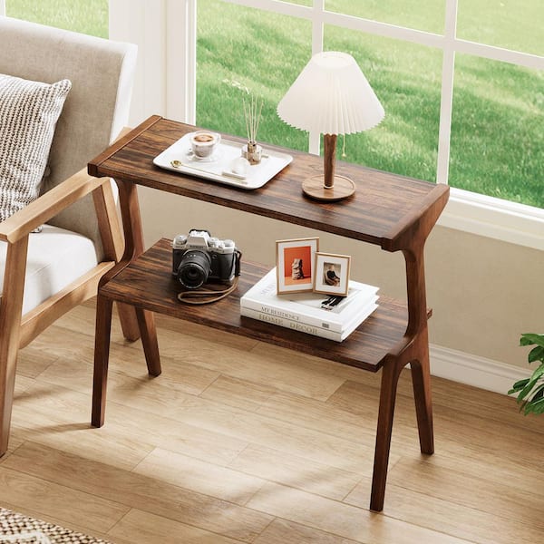 Kerlin 27. 56 in. Dark Brown Rectangle All Solid Wood Side Table, Minimalist End Table with Shelves for Living Room