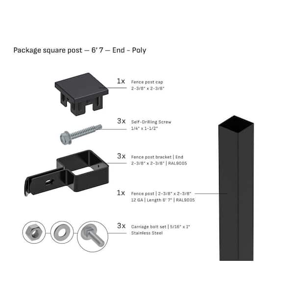 Square 2-3/8 in. x 2-3/8 in. x 6 ft. 7 ft. Poly Cap End Fence Black Steel Post (1-Pack)