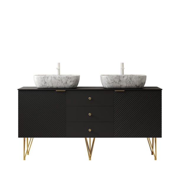 60 in. Freestanding Black Bath Vanity with Black Sintered Stone Top Assembled