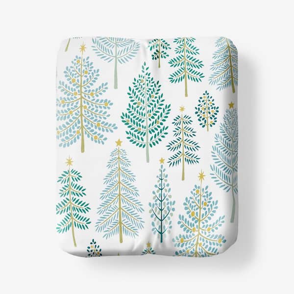 The Company Store Company Cotton Teal Yule Tree Velvet Flannel Queen Fitted Sheet