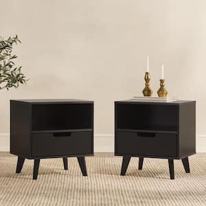 1-Drawer Black Wood Mid-Century Modern Nightstand with Cubby, Set of 2