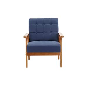 Mid-Century Upholstered Navy Blue Linen Fabric Accent Arm Chair with Solid Wood Frame