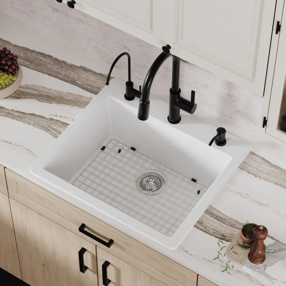 White Quartz 25 in. Single Bowl Drop-In Kitchen Sink with Bottom Grid and Strainer price history on PriceWatchPro