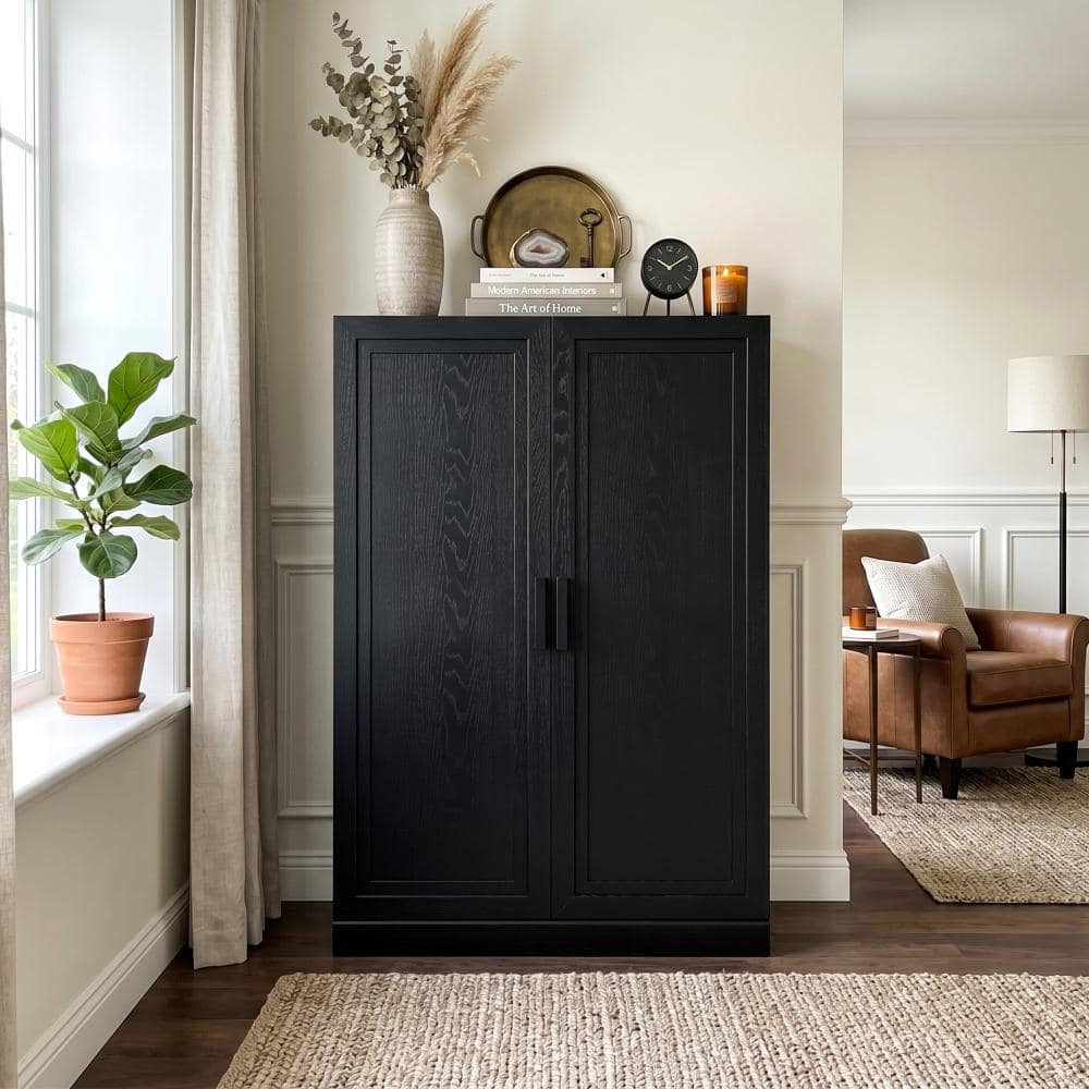 Black 49 in. H Storage Cabinet with Adjustable Shelves and Solid Wood Corner Double Doors price history on PriceWatchPro