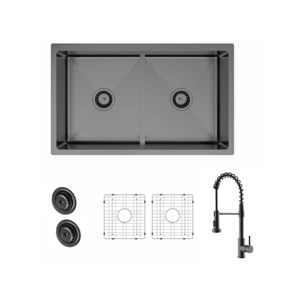 32 in. Undermount Double Bowl 18-Gauge Gunmetal Stainless Steel Sink with Spring Neck Faucet and Accessories
