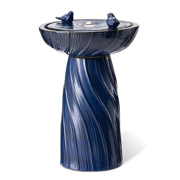 Glitzhome 24.75 in. H Outdoor Cobalt Blue Twist Textured Birdbath Ceramic Floor Fountain with 2-Birds, Pump and LED Light