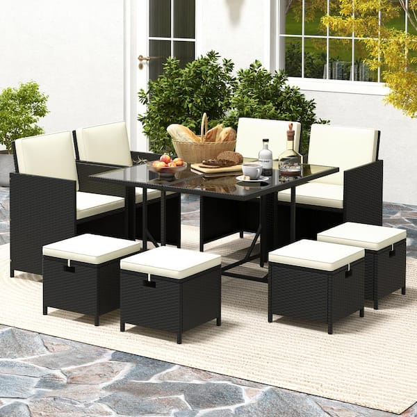 ANGELES HOME 9-Piece PE Rattan Wicker Patio Dining Set with Beige Cushions, Tempered Glass Table and Ottomans