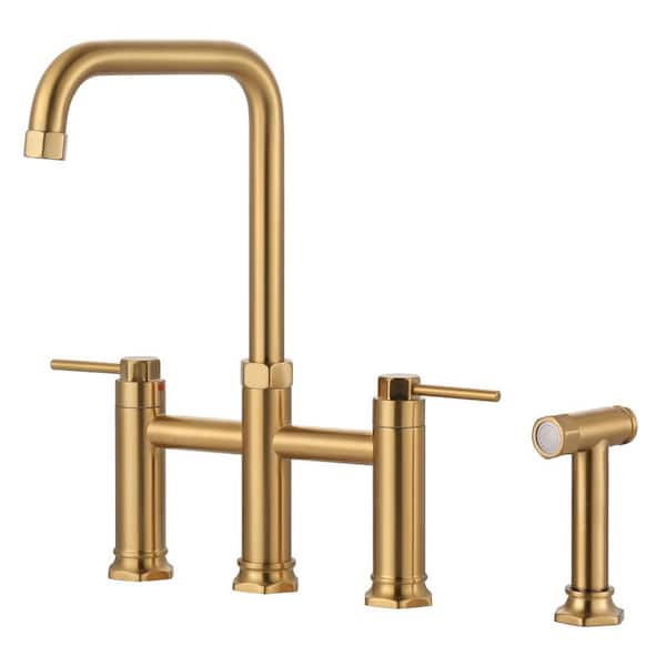 Double Handle Bridge Kitchen Faucet with Side Sprayer in Gold