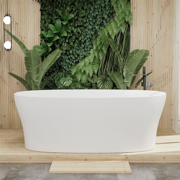 JUNO 63 in. x 30 in. Solid Surface Non-Whirlpool Soaking Bathtub with Interior Ergonomics Radian Backrest in White