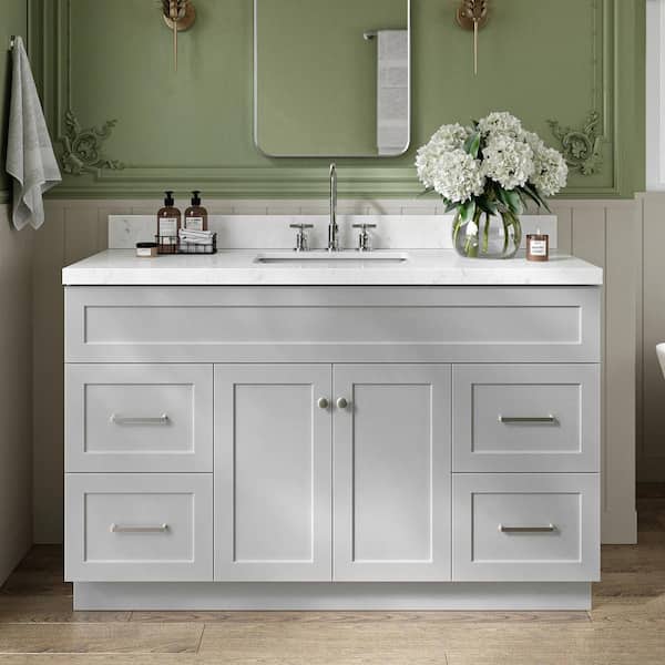 Hamlet 54 in. W x 22 in. D x 36 in. H Single Sink Freestanding Bath Vanity in Grey with Carrara White Quartz Top