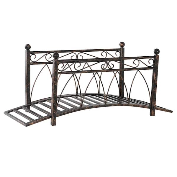 Unbranded Bronze Metal Arch Zen Garden Bridge Decorative Footbridge, with Safety Siderails, Delicate Scrollwork and Corner Spheres